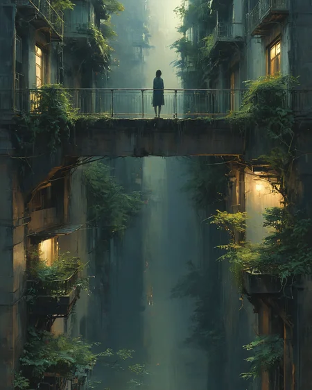 Melancholy, Full-Body Metal Atmospheric Lighting, bridges, streets, puddled vegetation, people silhouettes standing on balconies, by Makoto Shinkai, Stanley Artgerm Lau, WLOP, Rossdraws, James Jean, Andrei Riabovitchev, Marc Simonetti, krenz cushart, Sakim  <lora:add-detail-xl:0.75>  <lora:xl_more_art-full_v1:0.5>
