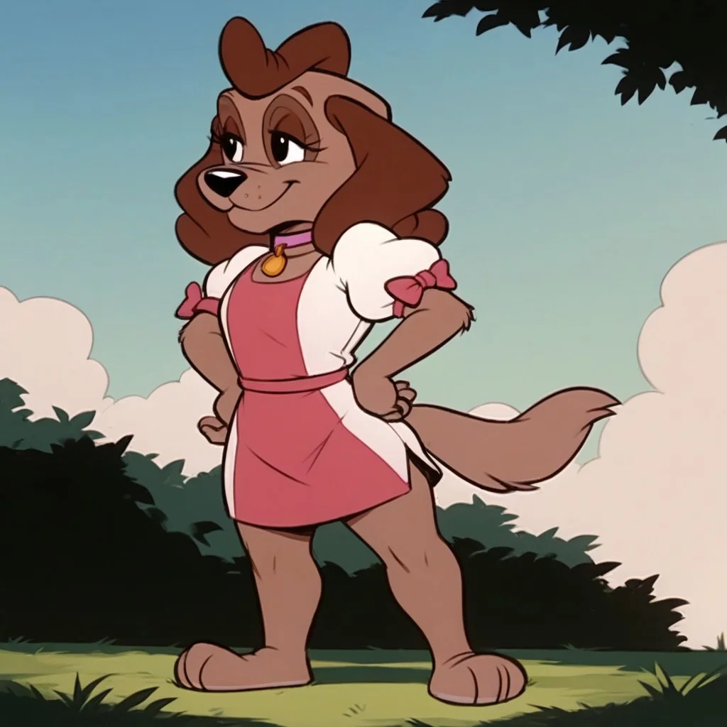 score_9, score_8_up, score_7_up, BREAK, puffy sleeves, black background, smile, short sleeves, hairy female, dog girl, standing, outdoor, choker. Squinting eyes, hands on hips, curves, full body, black eyes,