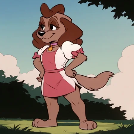 score_9, score_8_up, score_7_up, BREAK, puffy sleeves, black background, smile, short sleeves, hairy female, dog girl, standing, outdoor, choker. Squinting eyes, hands on hips, curves, full body, black eyes,