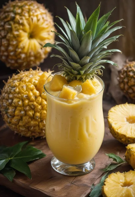 RAW photo, mango pineapple smoothie, hot summer day, food photo, DSLR, mango chunks and pineapple slices garnish, soft lighting, high quality, film grain, Fujifilm XT