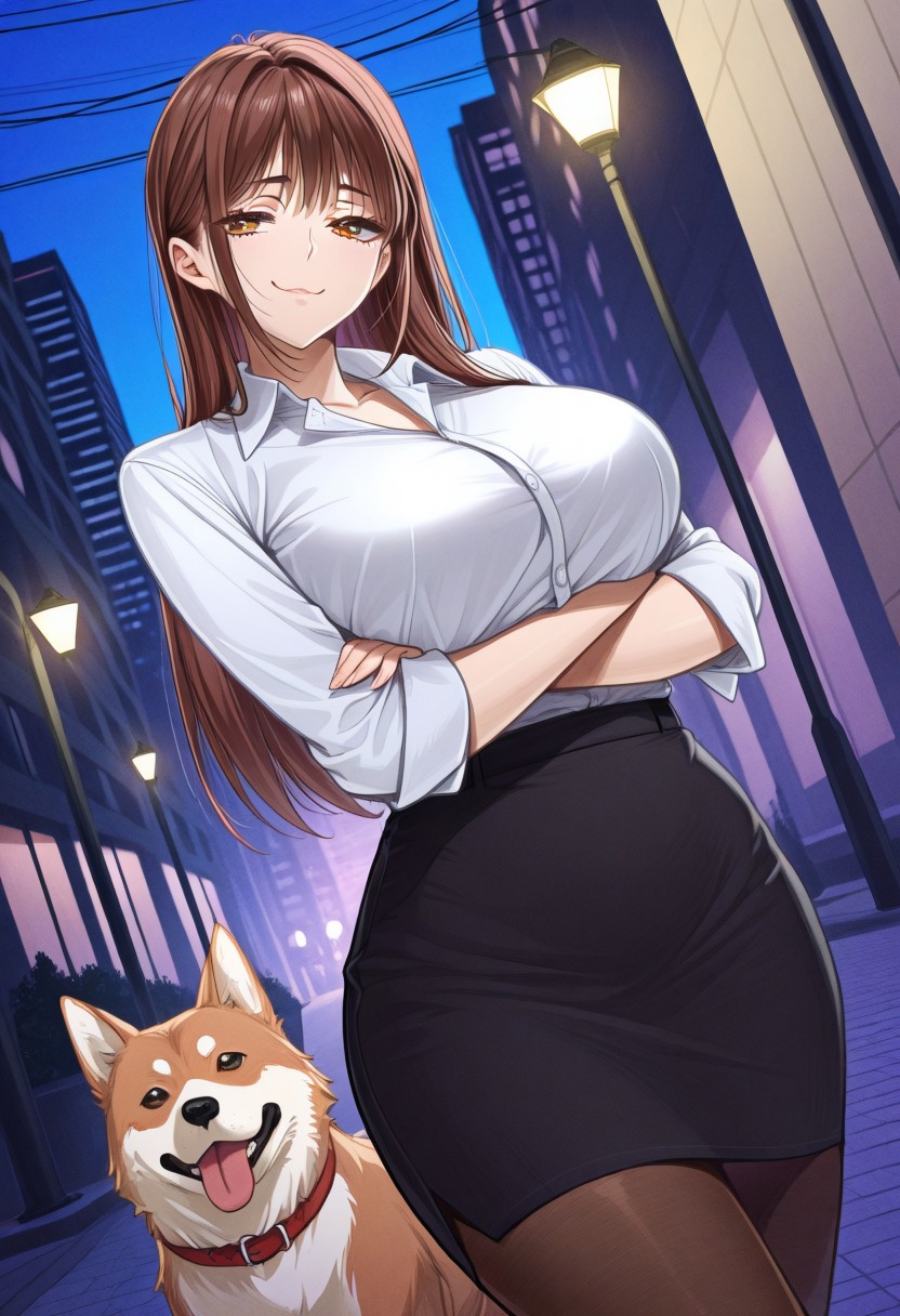 masterpiece, best quality, newest, highres, uncensored, 1girl, yokota mamoru style,1girl,Natsuno Ai,Brown Hair, Hair Parted to Side, Sidehair, Spiky Bangs, Straight Hair, Waist Length Hair,Amber Eyes,Big Breasts, Slim, Young-adultYoung-adult Young-adult, skirt, shirt, white shirt, pantyhose, formal, office lady, city street, evening, streetlights, walking dog, quiet neighborhood, gentle breeze, smile, , crossed arms, smug, solo,, dutch angle, cowboy shot
