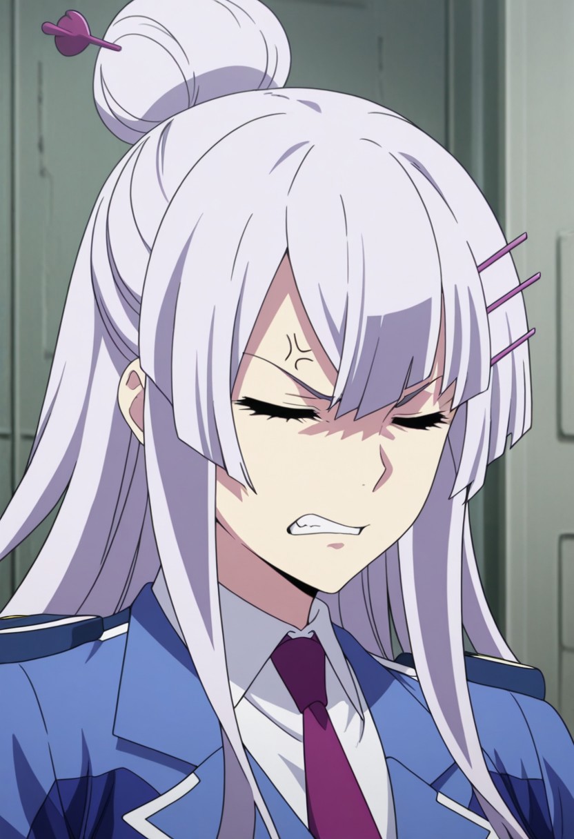 masterpiece,best quality,amazing quality, source_anime, 
Froleytia, 1girl, solo, closed eyes, purple hair, long hair, hair ornament, single hair bun, hair stick, uniform, shirt, white shirt, collared shirt, necktie, purple necktie, jacket, blue jacket, upper body, clenched teeth, anger vein, parody,
indoor,