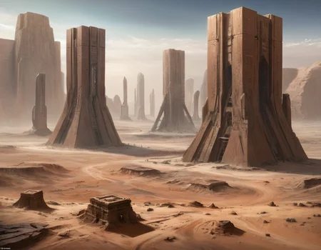 The remnants of the towering edifices resembled giant blocks scattered across the arid landscape, their sharp angles and geometric forms hinting at the alien architects who once inhabited this boxy world, b3ks1n