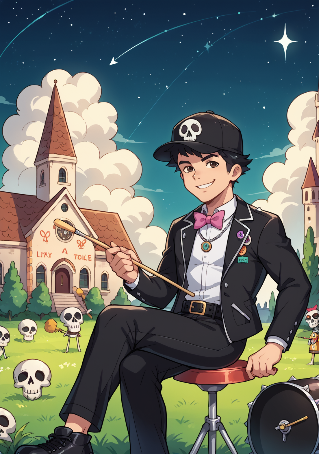 score_9, score_8_up, score_7_up, source_cartoon, Max_(Dragon Tales), 1boy, solo, adult, aged up, teenager, broad shoulders, sharp jawline, defined cheekbones, mature eyes, ((black hair, spikey hair)), brown eyes, smiling, cloud, outdoors, drumset, drums, sitting on stool, playing drums, black footwear, long legs, ((black swim trunks)), silver necklace, black baseball cap, black tuxedo, pink bowtie, collared black jacket, long sleeved, zipper, black pouch, mexican clothes, dia de los muertos, green sugar skulls, Mexico, clock tower, church, black belt, sitting, holding drumstick, music notes, night, starry sky, cloud, <lora:Max_Dragon_Tales-000010 (1):0.55>