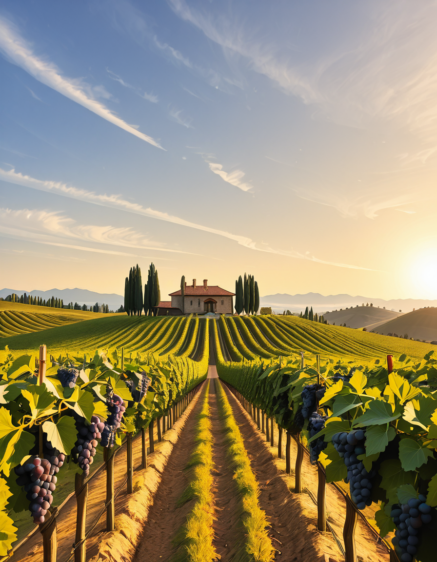 A breathtaking vineyard stretching across rolling hills, bathed in the warm golden light of late afternoon. The neatly aligned rows of grapevines are lush and vibrant, their deep green leaves contrasting with the rich, fertile soil beneath them. The vines are heavy with ripe, plump grapes in shades of deep purple and rich green, glistening under the sunlight. In the background, a rustic stone farmhouse with a terracotta roof sits atop a small hill, surrounded by tall cypress trees. A narrow dirt path winds through the vineyard, leading towards the farmhouse. The sky is a soft blue with wispy clouds scattered across the horizon. In the distance, a range of low mountains adds depth to the landscape. The atmosphere is peaceful and idyllic, evoking the charm of a traditional wine-growing region like Tuscany or Bordeaux. 
<lora:SDXLFaeTastic2400:0.4> <lora:extremely_detailed:0.4> extremely detailed
,v1n3y4rd <lora:v1n3y4rd-i:1>, Masterpiece,best quality,hi res,8k,hi res,8k,award winning,(sharp focus, intricate, highly detailed),