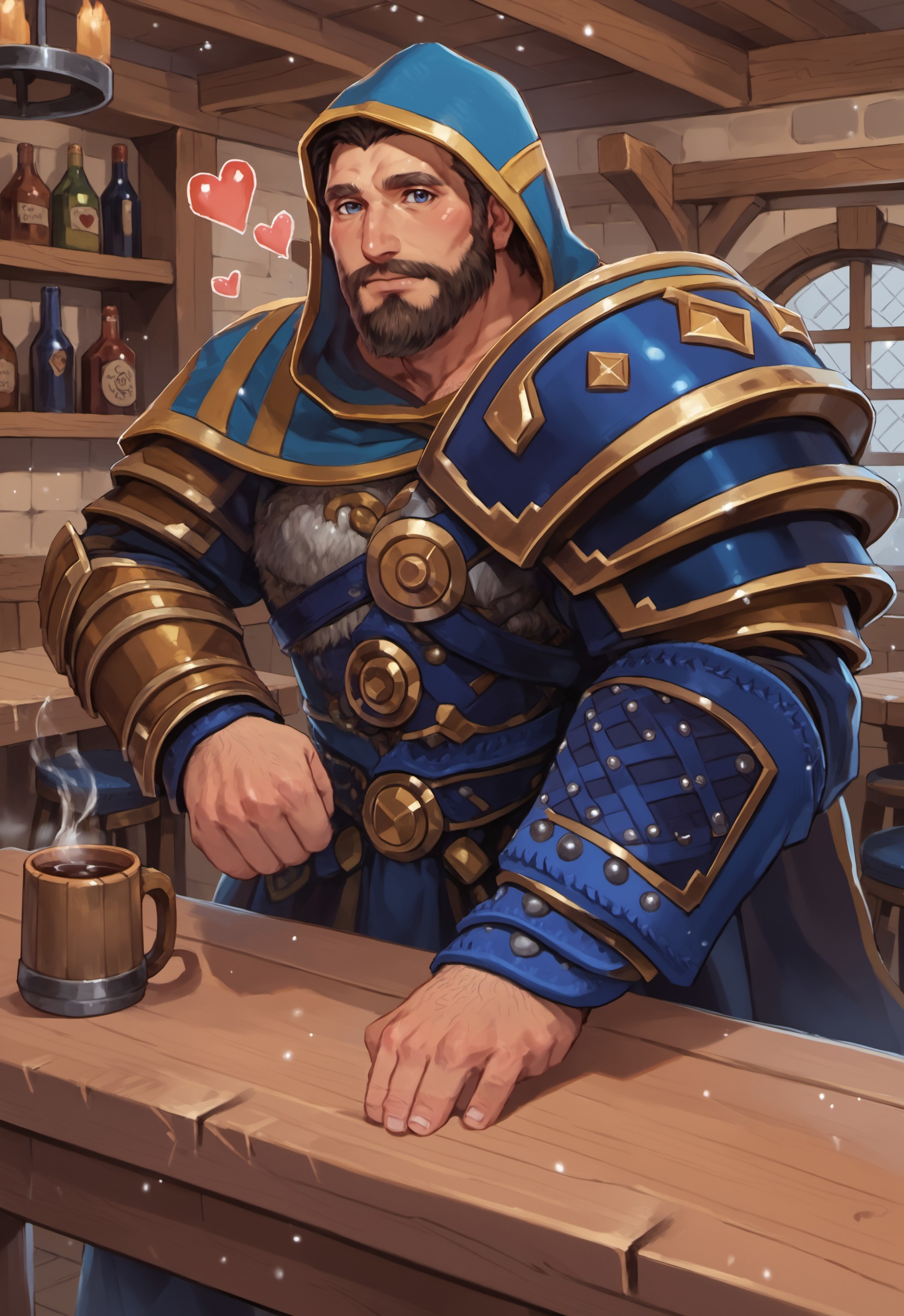 safe_pos, safe_pos, safe_pos, score_9, score_8_up, rating_nsfw, ultra hd, absurdres, best quality, masterpiece, masculine, solo, 1male, male focus, best anatomy, best eyes, best hands, sexiest man alive, erotic, gay porn, hand with five fingers, mature male,

SmiteUllr, two-tone facial hair, hood, beard, brown fur,  armor, blue hood, quiver, wooden dining table, tavern, mug of ale, wooden mug, cheers, happy, Expressiveh, <3