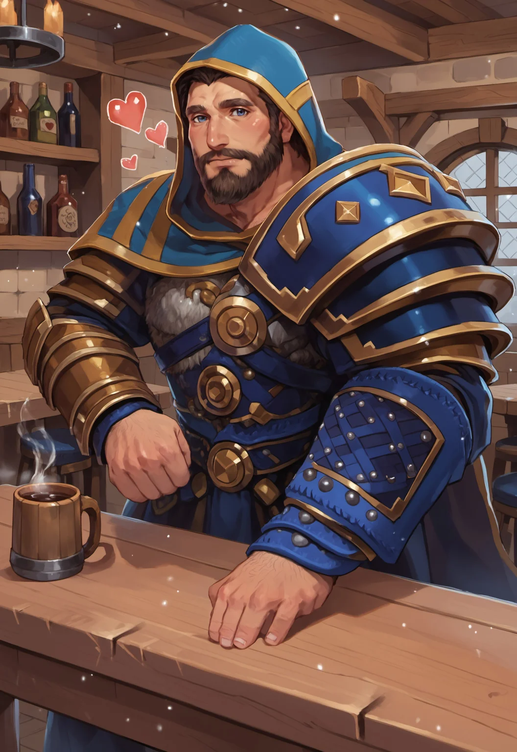 safe_pos, safe_pos, safe_pos, score_9, score_8_up, rating_nsfw, ultra hd, absurdres, best quality, masterpiece, masculine, solo, 1male, male focus, best anatomy, best eyes, best hands, sexiest man alive, erotic, gay porn, hand with five fingers, mature male,

SmiteUllr, two-tone facial hair, hood, beard, brown fur,  armor, blue hood, quiver, wooden dining table, tavern, mug of ale, wooden mug, cheers, happy, Expressiveh, <3