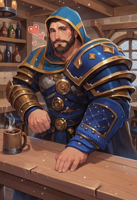 safe_pos, safe_pos, safe_pos, score_9, score_8_up, rating_nsfw, ultra hd, absurdres, best quality, masterpiece, masculine, solo, 1male, male focus, best anatomy, best eyes, best hands, sexiest man alive, erotic, gay porn, hand with five fingers, mature male,
SmiteUllr, two-tone facial hair, hood, beard, brown fur, armor, blue hood, quiver, wooden dining table, tavern, mug of ale, wooden mug, cheers, happy, Expressiveh, <3