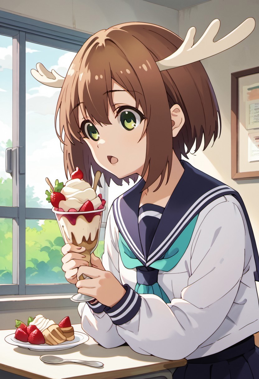 score_9, score_8_up, score_7_up, source_anime,shikanoko noko, short hair, brown hair, green eyes, antlers, 1girl, school uniform, solo, food, window, serafuku, indoors, long sleeves, neckerchief, parfait, spoon, open mouth