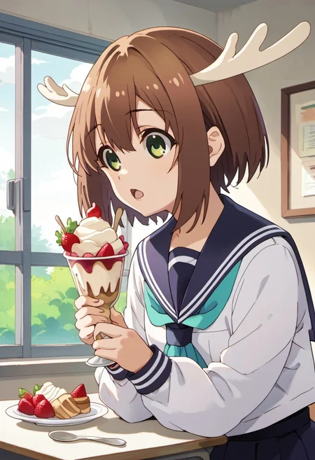 score_9, score_8_up, score_7_up, source_anime,shikanoko noko, short hair, brown hair, green eyes, antlers, 1girl, school uniform, solo, food, window, serafuku, indoors, long sleeves, neckerchief, parfait, spoon, open mouth