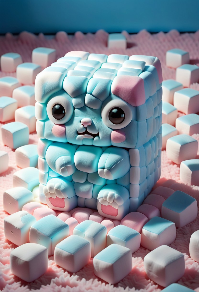 light blue cute little kawaii cube creature made out of Jed-mrshmlw sleeping on a fuzzy pink carpet