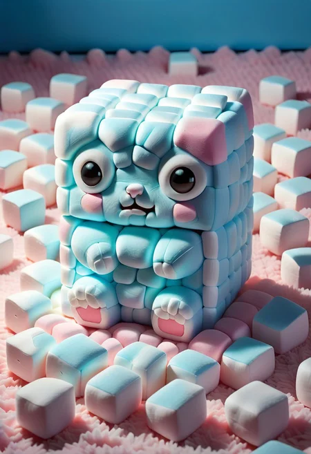light blue cute little kawaii cube creature made out of Jed-mrshmlw sleeping on a fuzzy pink carpet