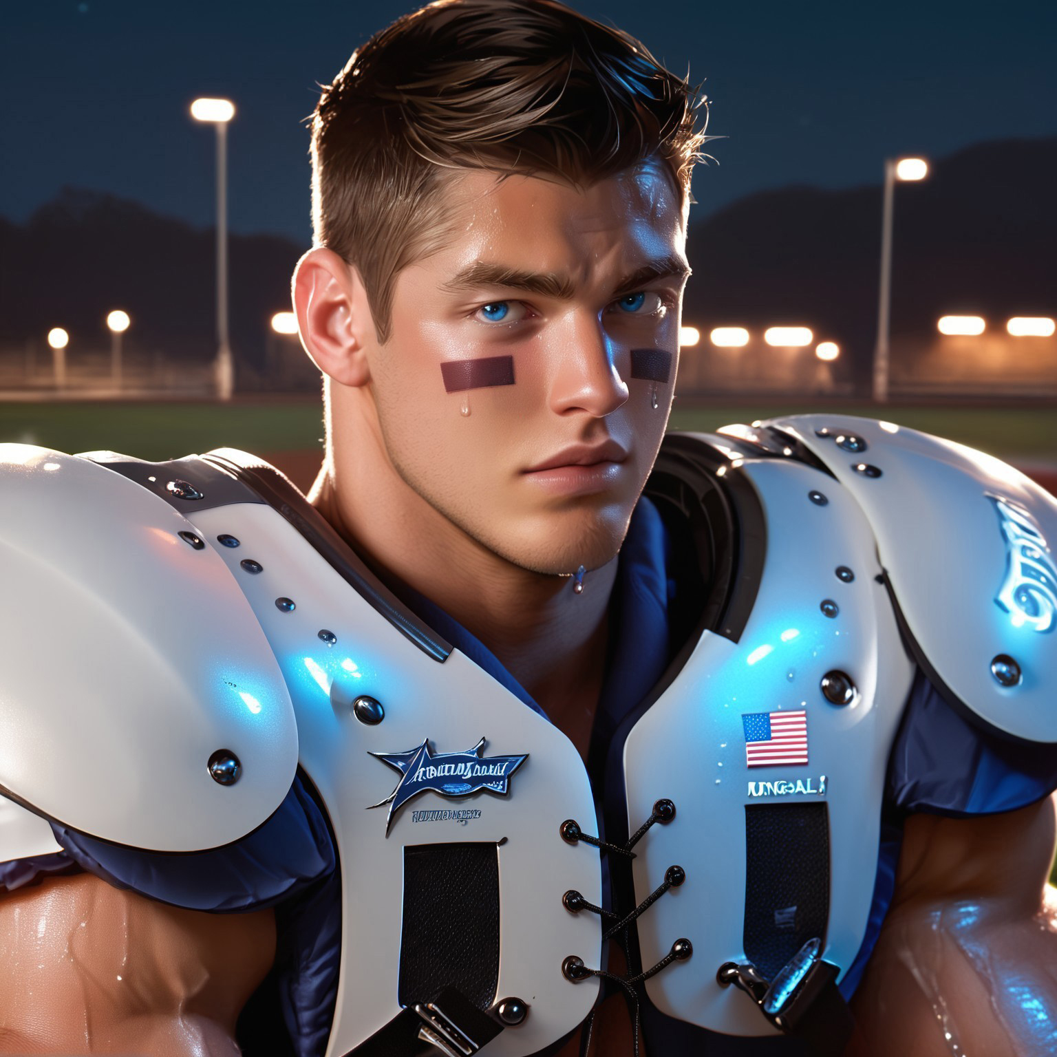 safe_pos, FootballShoulderPads, male focus, American football field, American football player, football pants, big biceps, very attractive, eye black, close up, night, bright lights, blue eyes, score_9, score_8_up, score_7_up, highly detailed, sweaty