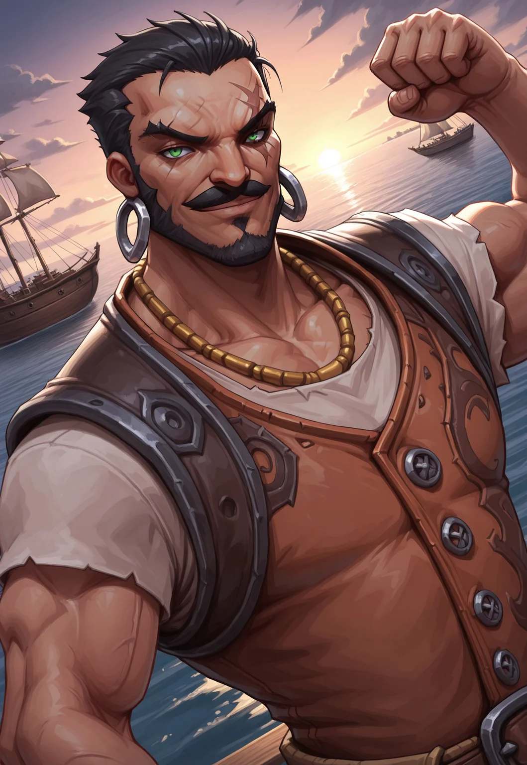 masterpiece, best quality, amazing quality, RafenLol, green eyes, hoop earrings, short hair, black hair, scar across left eye, necklace, muscular, facial hair, mustache, shirt, vest, detailed background, dynamic pose, upper body, harbor, pirate ship, sea, clouds, looking at viewer, smile, dutch angle, sunset, flexing,