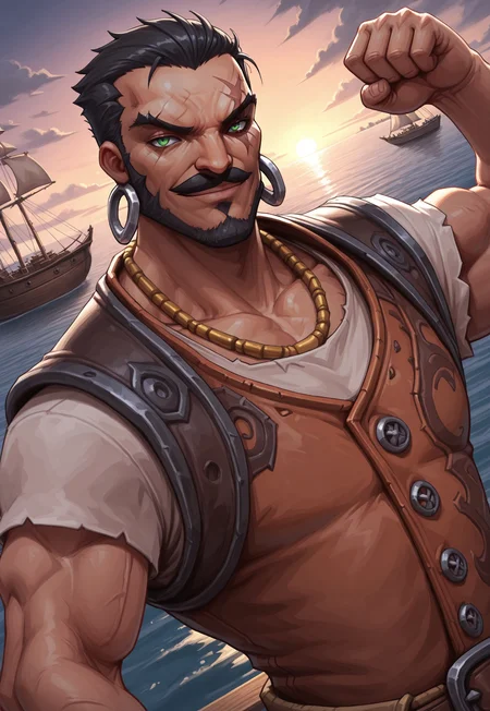 masterpiece, best quality, amazing quality, RafenLol, green eyes, hoop earrings, short hair, black hair, scar across left eye, necklace, muscular, facial hair, mustache, shirt, vest, detailed background, dynamic pose, upper body, harbor, pirate ship, sea, clouds, looking at viewer, smile, dutch angle, sunset, flexing,