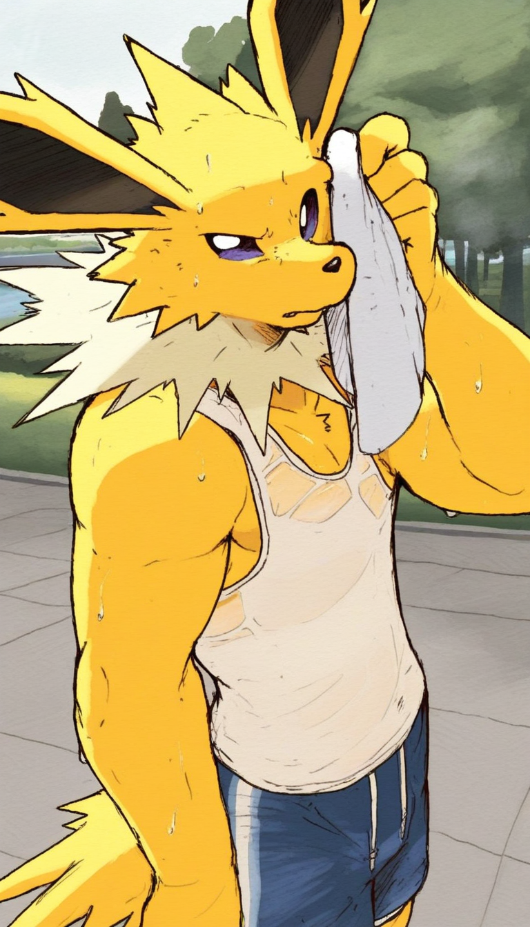<lora:DaHecksAJerry_LoRA_NAI-XL:1> DaHecksAJerry, watercolor, male, solo, anthro, furry, (Jolteon), ((sweaty)), white tank top, navy, blue shorts, wiping sweat off brow, (((park background))), best quality, masterpiece