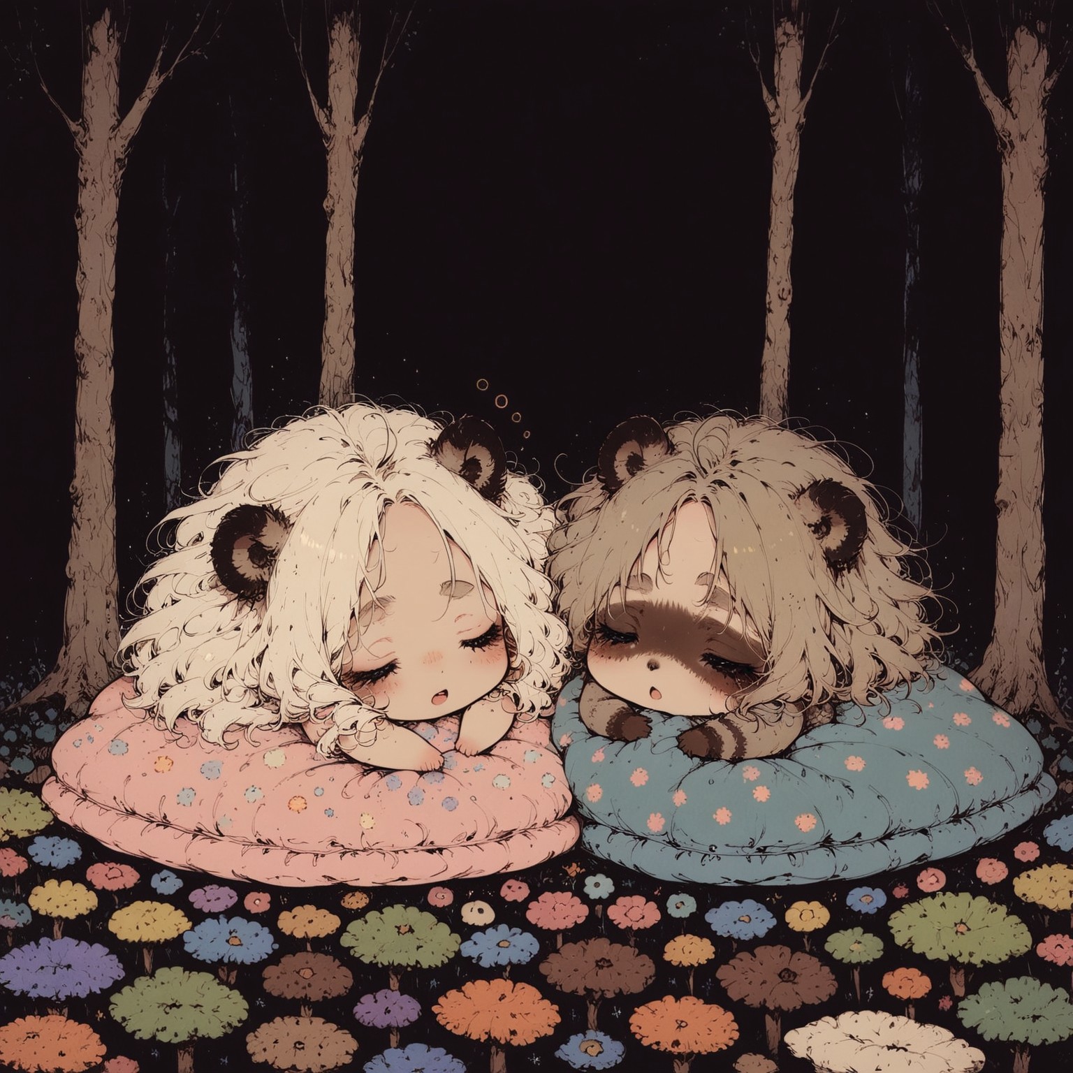 score_9, score_8_up, score_7_up, source_anime, 2girls, (ultra HD quality details), anime, slightly chibi, raccoon girls, wrapped in blanket, cuddling, tired, (rubbing one eye), looking up, yawn, cozy, :3, underground, inside burrow, tree roots coming out of walls
(detailed image, high resolution, 5k resolution:1.0)