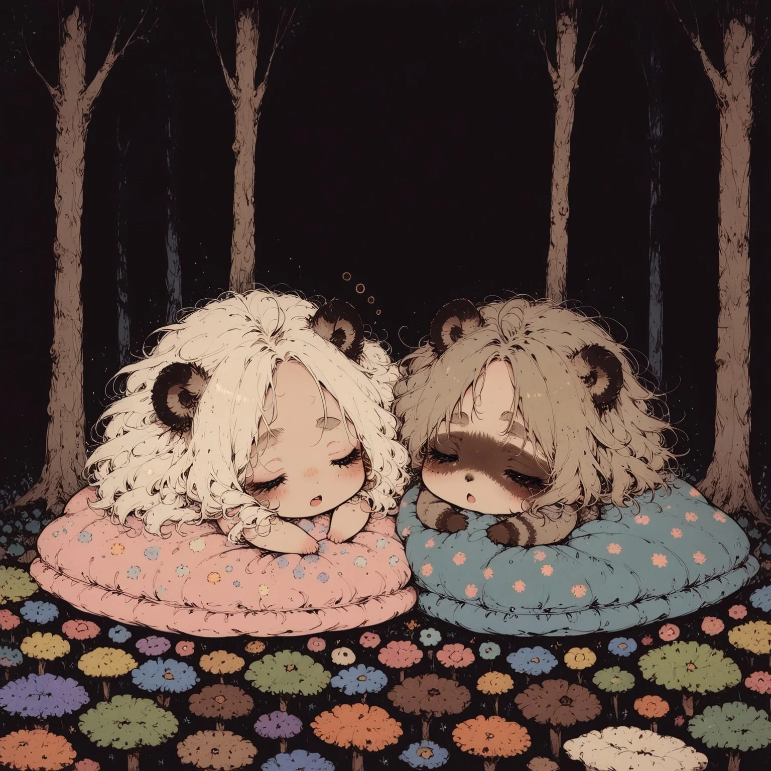 score_9, score_8_up, score_7_up, source_anime, 2girls, (ultra HD quality details), anime, slightly chibi, raccoon girls, wrapped in blanket, cuddling, tired, (rubbing one eye), looking up, yawn, cozy, :3, underground, inside burrow, tree roots coming out of walls
(detailed image, high resolution, 5k resolution:1.0)