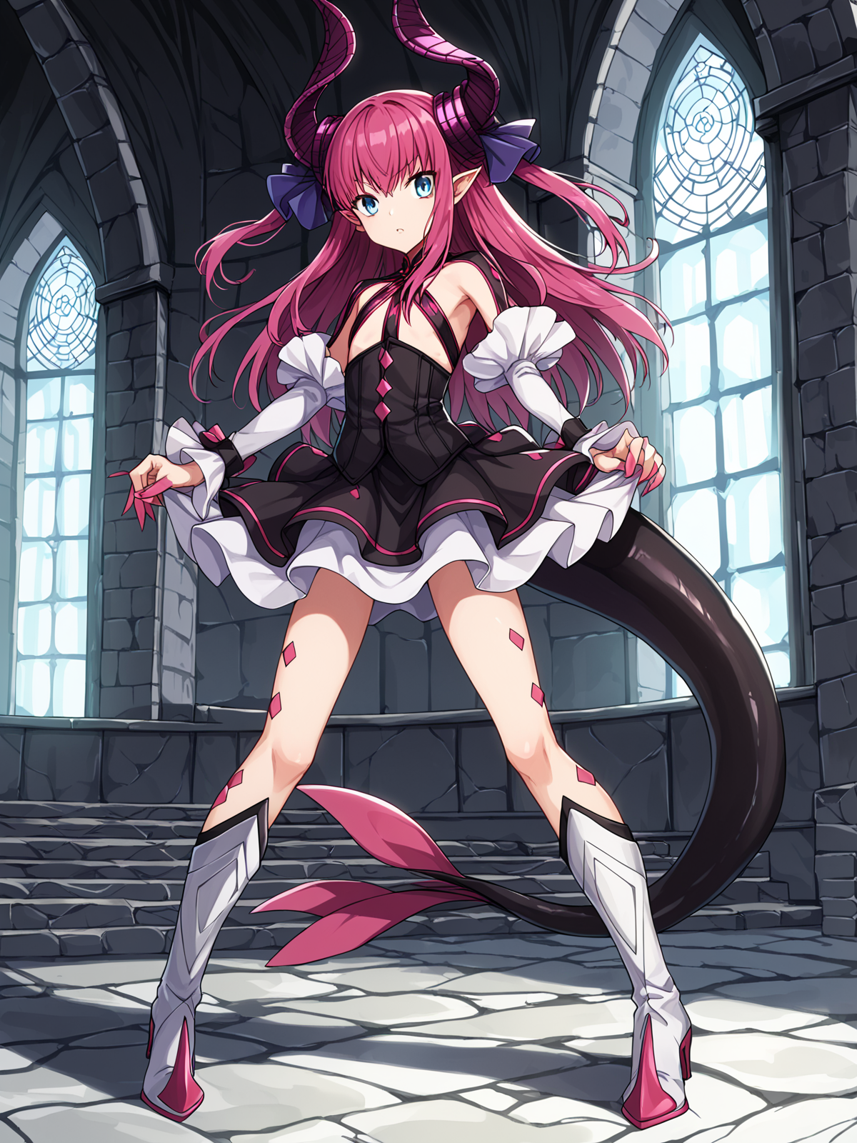 score_9, score_8_up, score_7_up, score_6_up, score_5_up, score_4_up, best quality, high quality, source_anime, rating_safe, anime screencap
BREAK
lizfirst, pink hair, long hair, two side up, curled horns, pointy ears, blue eyes, dragon tail, hair ribbon, black dress, white knee boots, flat chest, 1girl, solo
BREAK
indoors, castle, stone walls, window, detailed background
<lora:dsliz_pd6:1>