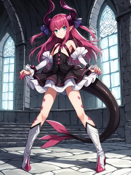 score_9, score_8_up, score_7_up, score_6_up, score_5_up, score_4_up, best quality, high quality, source_anime, rating_safe, anime screencap
BREAK
lizfirst, pink hair, long hair, two side up, curled horns, pointy ears, blue eyes, dragon tail, hair ribbon, black dress, white knee boots, flat chest, 1girl, solo
BREAK
indoors, castle, stone walls, window, detailed background
<lora:dsliz_pd6:1>