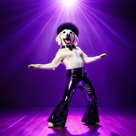 retro style smiling white (Labrador dog:1.1) wearing black afro wig and shiny costume with Bell-bottom pants is flash dancing under spotlight, nightclub, disco ball, purple glow lighting <lora:Labrador Dog:1>