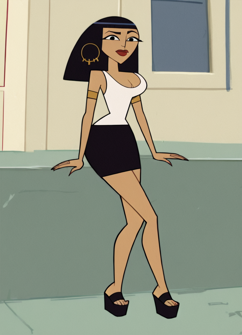 <lora:CleoCHPony1.0:1> cleo, 1girl, solo, hoop earrings, cleavage, long hair, white tank top, black eyes, black skirt, lipstick, platform footwear,full body, armlet, bangs, score_9, score_8_up, score_7_up, score_6_up, score_5_up, score_4_up, looking at viewer, outdoors,