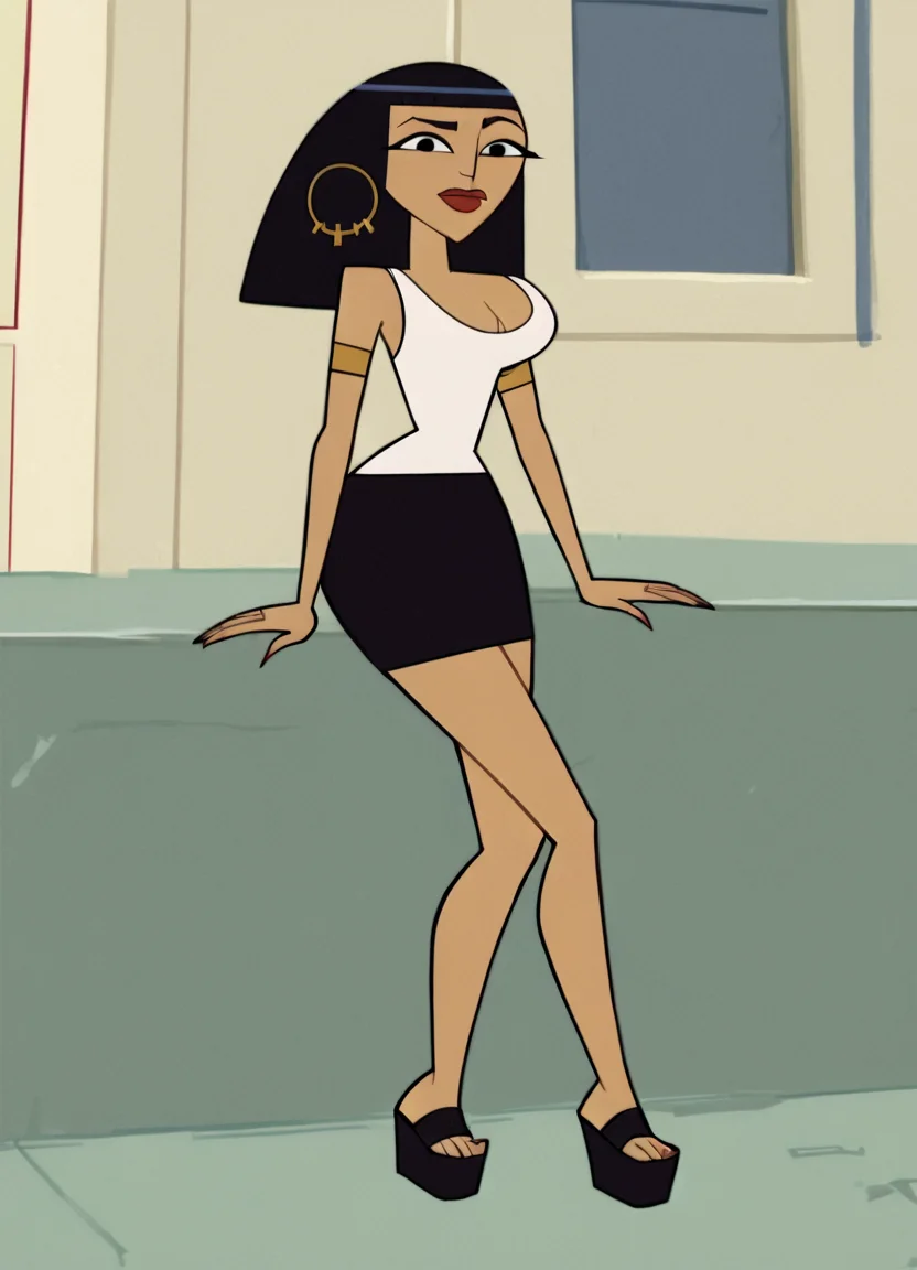 <lora:CleoCHPony1.0:1> cleo, 1girl, solo, hoop earrings, cleavage, long hair, white tank top, black eyes, black skirt, lipstick, platform footwear,full body, armlet, bangs, score_9, score_8_up, score_7_up, score_6_up, score_5_up, score_4_up, looking at viewer, outdoors,