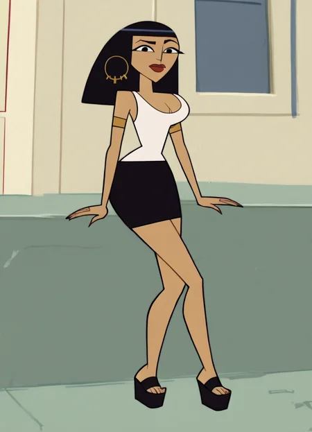 <lora:CleoCHPony1.0:1> cleo, 1girl, solo, hoop earrings, cleavage, long hair, white tank top, black eyes, black skirt, lipstick, platform footwear,full body, armlet, bangs, score_9, score_8_up, score_7_up, score_6_up, score_5_up, score_4_up, looking at viewer, outdoors,