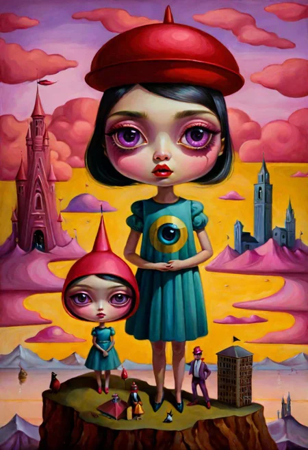 Gouache painting, cute , wearing social fashion dress, deep large eyes, ochre,lilac,pink skin, city background. of a lowbrow art style, surreal summerscape sunset,with Pepita a red dada and a dede hat, holding a large dada that shields fairytale landscape, , micro-details, fantasy,multicolor,multilayer, More surrealism and madness.much more surrealism and crazy designs. With gold and cardinal red surreal dada clouds more surrealism and bizarre designs with bright vibrant colours.