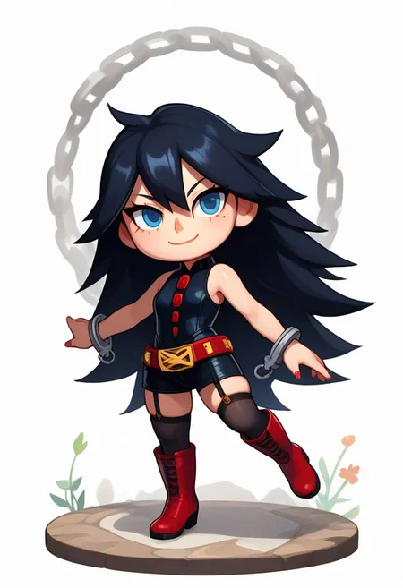 score_9, score_8_up, score_7_up, 1girl, solo, solo focus, acArtstyle, chibi, 1girl, smile,
long hair, black hair, blue eyes, red mask, domino mask, mole under eye, white bodysuit, black bodysuit, multicolored bodysuit, skintight, red gemstones, handcuffs, red belt, garter straps, black thighhighs, heel boots
