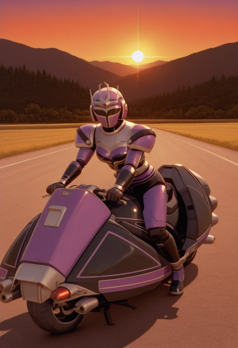 anime screencap, anime coloring,
solo, 1girl,  looking at viewer, medium breasts, (covered neck), BREAK
Tent0u, robot, tokusatsu, solo, armor, bodysuit, belt, gloves, boots,  shoulder pad, tent0 motorbike, riding, riding motorbik, from side, 
outdoors, road, sunset, dramatic lighting