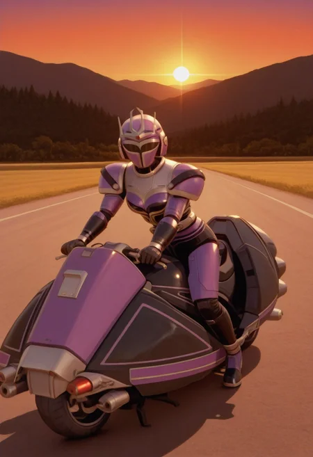 anime screencap, anime coloring,
solo, 1girl, looking at viewer, medium breasts, (covered neck), BREAK
Tent0u, robot, tokusatsu, solo, armor, bodysuit, belt, gloves, boots, shoulder pad, tent0 motorbike, riding, riding motorbik, from side,
outdoors, road, sunset, dramatic lighting