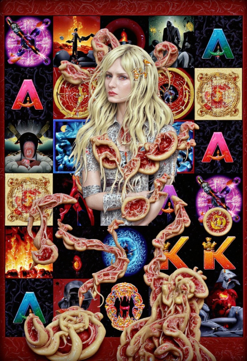 Slot machine graphics from front view . Disturbing scenes of addiction, people injecting drugs heroin, white powder, drinking alcohol smoking cigarettes. very strange surrealist style with holographic vortex featuring swirls of holotropic colour and glowing eyes wet distorted factory shot. On the television sets are glowing hands, with electricity coming off the finger tips. swirling around her head are holograms of  glyphs chaos magick symbols. the room has thick electricity cables and smoke is coming off them. large wet glistening slices of wet soggy ham and hot dogs are floating in the air, dripping gooey sauce combining mustard and blood, there are multiple wet hotdogs floating. on the wall in the background are photos of nuclear explosions