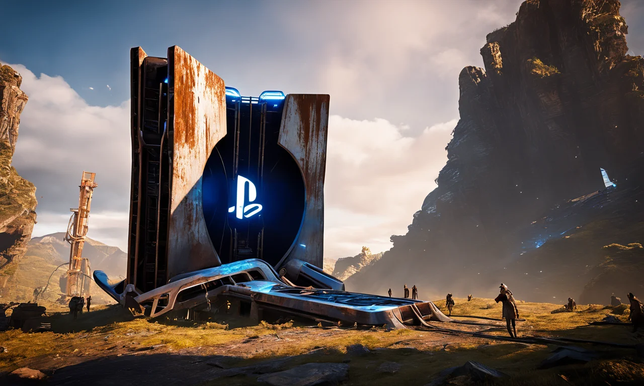 a giant PlayStation 5 structure lying in fantasy landscape, monolith, rusted steel, best quality, landscape, nature, masterpiece, intricate, highly detailed, cinematic lights, <lora:abslandsdxl:0.9>, abslandsdxl