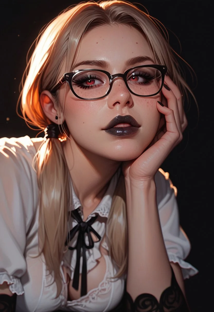 score_9_up, score_9, score_8_up, score_8, score_7_up, score_7, cinematic lighting, raw, high quality, 4k resolution, absurdres, masterpiece, dynamic lighting, high contrast, morimee_style, detailed face,
1girl, mature, (red eyes), (black makeup, black lipstick), ((blonde hair)), (low twintails hairstyle), average breasts, freckles on face, leaning forward, doggystyle, adjusting hairs, 
white blouse, black skirt, black stockings, high heels, glasses,
(black background),
(close view), [below view], depth of field, blurred foreground