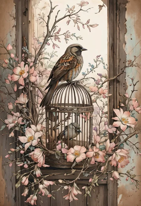light pastell tones, very aged dark brown paper, inkpunk, Botanical illustration, 1bird sitting in a birdcage, door open, multicolored flowers, branches, fine lines, will-o'-the-wipe light, overall detail, extremely detailed,awardwinning, masterpiece