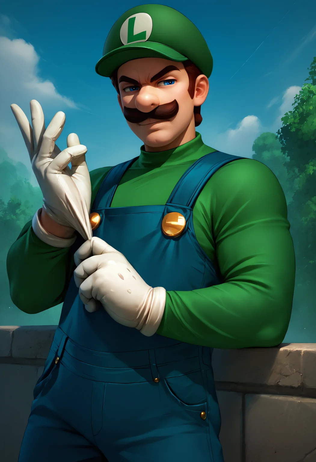 score_9, score_8_up, score_7_up, detailed, <lora:AdjustingGloves_XLPD:1>, adjusting clothes, adjusting gloves, <lora:Luigi_XLPD:1> Incrsluigi, luigi, green headwear, blue overalls, white gloves, long sleeves, outdoors, upper body, smirk, muscular,
