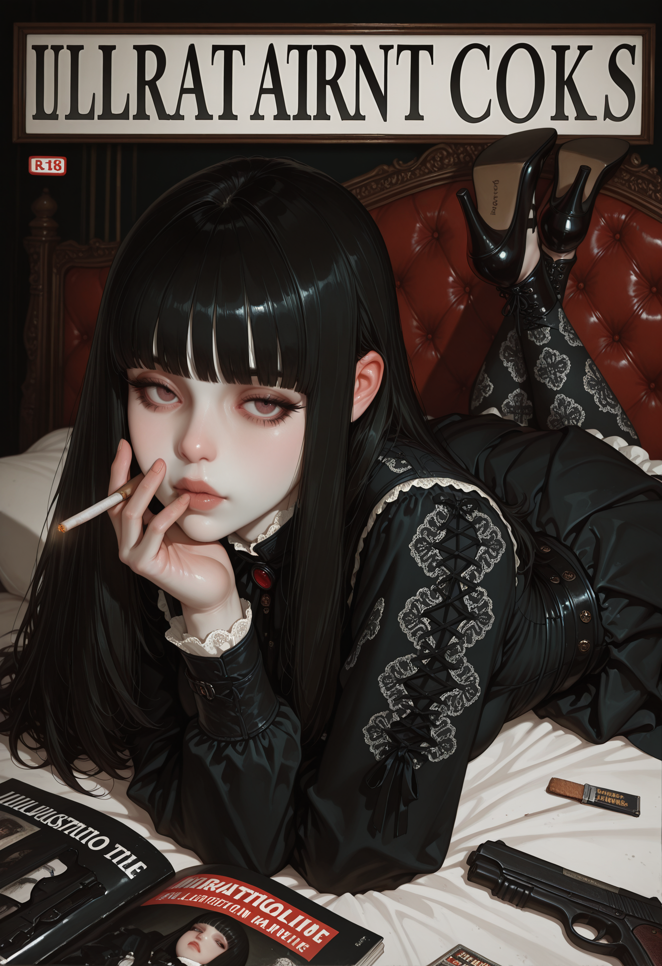 masterpiece,amazing quality,best quality,ultra-detailed, illustration, newest, absurdres, realistic, ((source_realistic:1.4)), BREAK artist:moriimee, 1girl,skirt, gothic,bangs,pale skin,hime cut,victorian clothes,jewelry, ((details,laced patterns)),(((vintage))), <break>, laying on bed,laying on stomach,feet up, crossed_legs, large angle, fake_cover, high_heels, magazine_\(object\) on bed, hand on magazine, looking at viewer, handgun, <segment:face,0.4,0.5//cid=1>