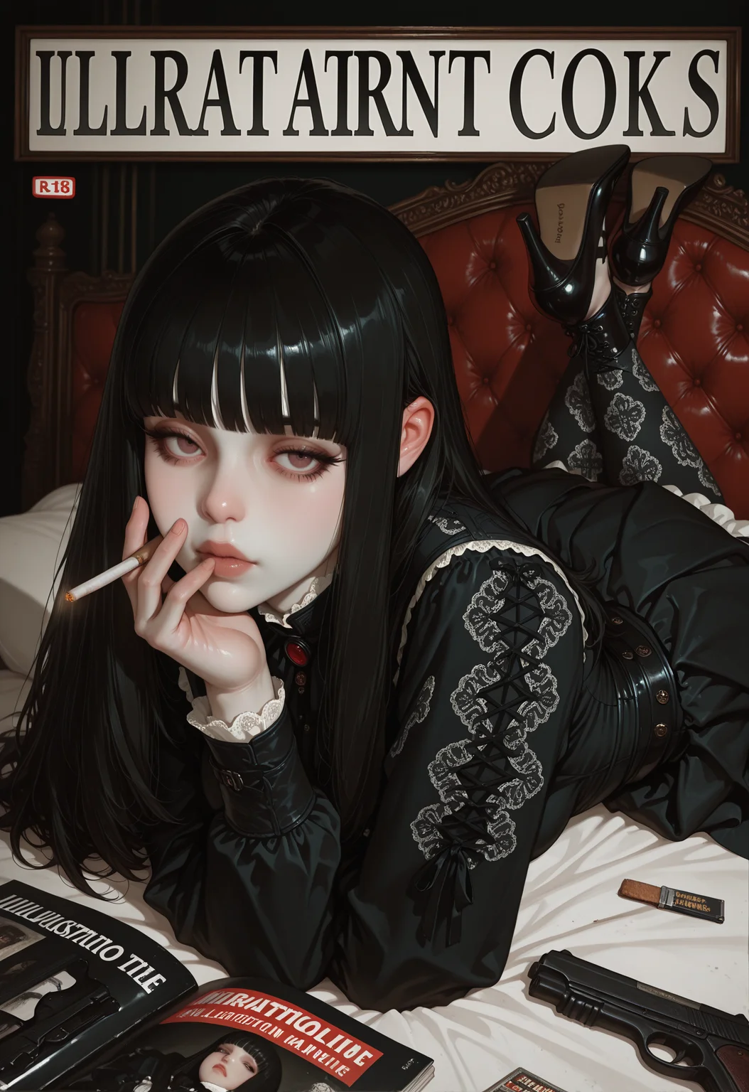 masterpiece,amazing quality,best quality,ultra-detailed, illustration, newest, absurdres, realistic, ((source_realistic:1.4)), BREAK artist:moriimee, 1girl,skirt, gothic,bangs,pale skin,hime cut,victorian clothes,jewelry, ((details,laced patterns)),(((vintage))), <break>, laying on bed,laying on stomach,feet up, crossed_legs, large angle, fake_cover, high_heels, magazine_\(object\) on bed, hand on magazine, looking at viewer, handgun, <segment:face,0.4,0.5//cid=1>