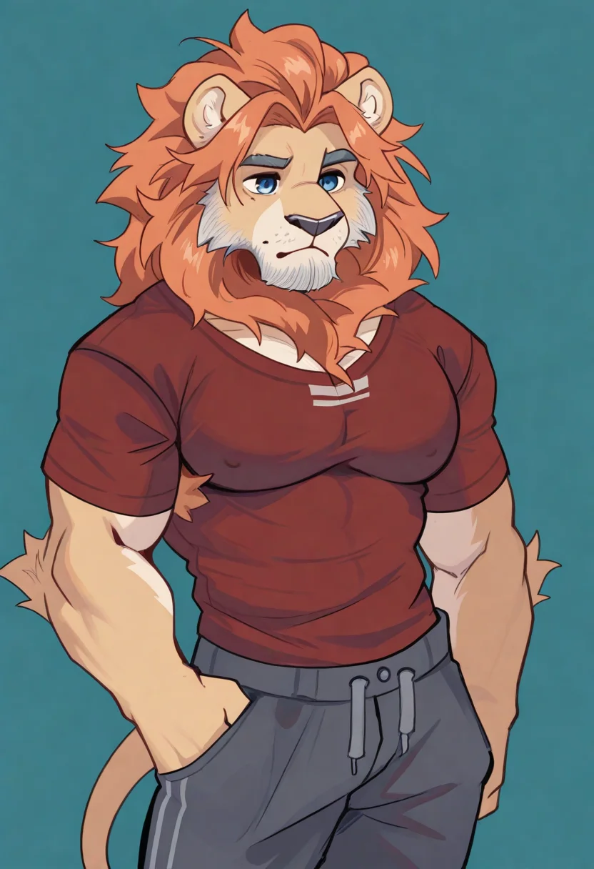 by overcyan, furry, lion, mane, blue eyes, red shirt, solo, pectorals, muscular, large pectorals, pants, facial hair, <lora:OverCyan_style_Illustrious:1>