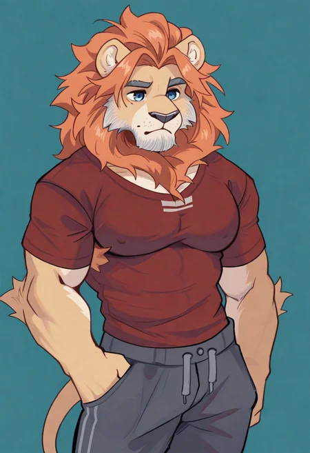 by overcyan, furry, lion, mane, blue eyes, red shirt, solo, pectorals, muscular, large pectorals, pants, facial hair, <lora:OverCyan_style_Illustrious:1>