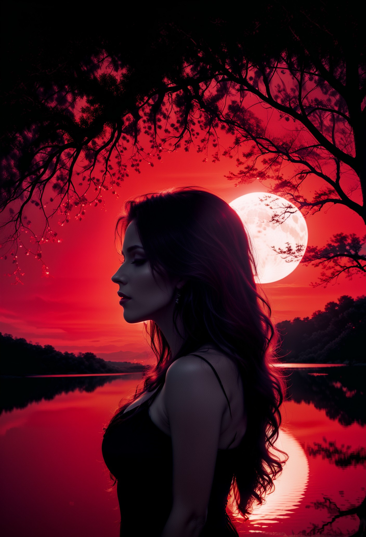a pitch black setting with a silhoutte of a beautiful long haired woman lit up by a red hue, magical, silhouette, red theme, red horizon, tree silhouette, eyes closed, ephemeral, reflection  <lora:sdxl\add-detail-xl> <lora:sdxl\xl_more_art-full_v1>