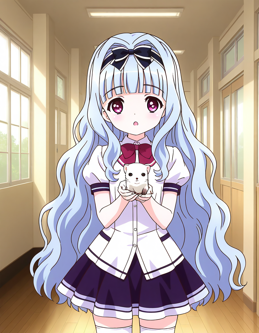 general,highres, ultra-detailed,very aesthetic,best quality ,best hands,  BREAK <lora:Watayuki_BP_IS:1>Watayuki(BP), 1girl,solo, hairband, very long hair, hair bow, purple eyes,  hair intakes, light blue hair, blunt bangs, wavy hair,
 thighhighs, school uniform, skirt, white thighhighs, bow, zettai ryouiki, ribbon, indoors, short sleeves, shirt, 
open mouth, pink eyes, white shirt, puffy sleeves, looking at viewer, miniskirt,
animals,  white_ferret,