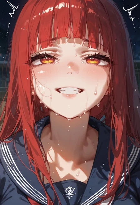 score_9, score_8_up, score_7_up, score_6_up, score_5_up, score_4_up, source_anime,
masterpiece, detailed, detailed body, 
,
volumetric lighting, vibrant colors, light particles, godrays, warm light, 1dk, Expressiveh
girl, solo, ), slim body,  
Sweat, sweaty, wet, shiny, shiny skin, skindentation, 
),
 <lora:zs_SahoriXL_1:1> sahorismtv, long hair, blunt bangs, red hair, blue serafuku, long sleeves, blue skirt, white pantyhose, night, school classroom, evil grin,,  
Motionlines, actionlines,
Expressive eye,
Expressionless,