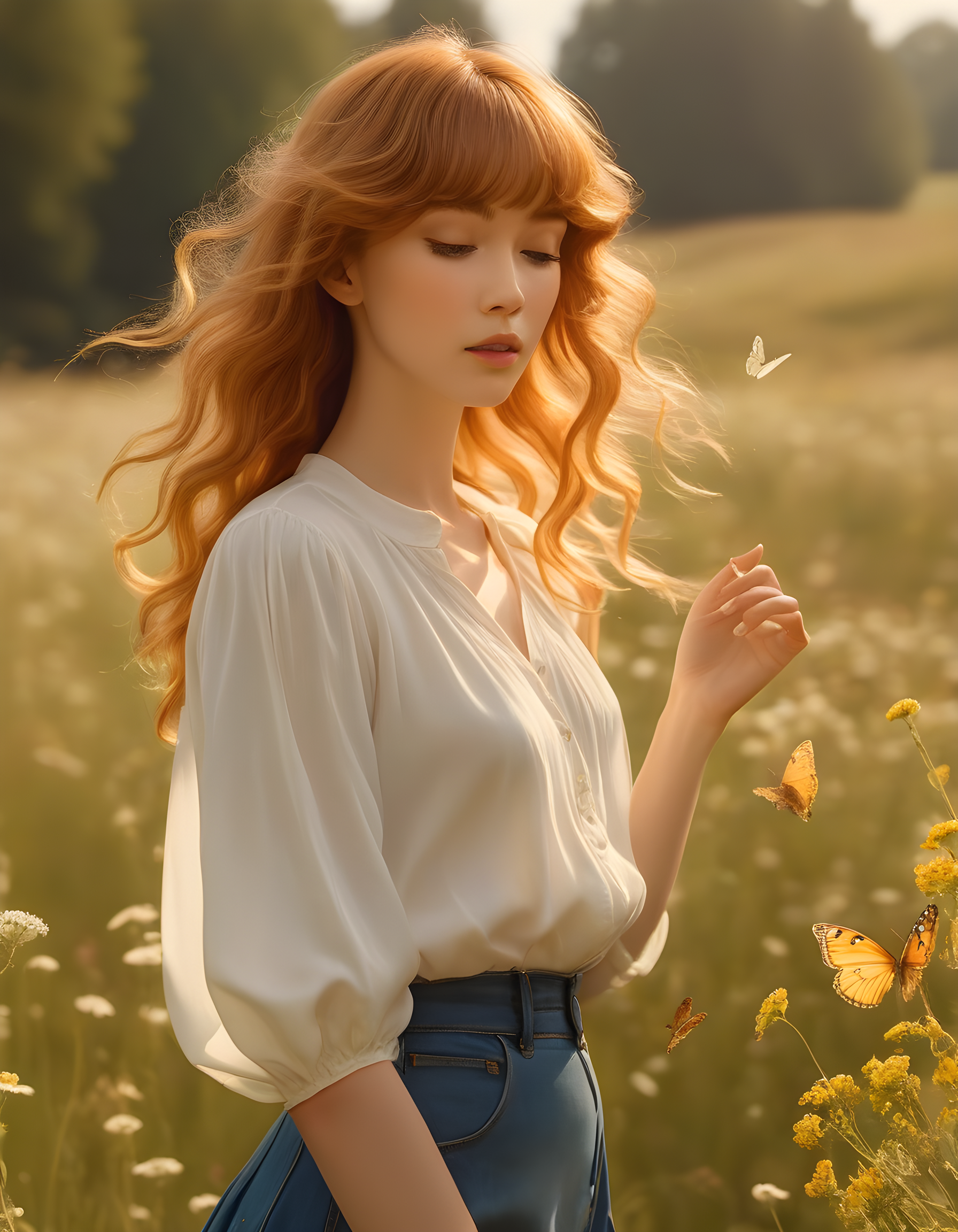 In a vibrant, sun-drenched meadow teeming with wildflowers and butterflies, K1MCW stands alone, her slender silhouette framed against the radiant backdrop. Her gaze is closed, lost in thought, as she runs her fingers through a cascade of chestnut curls adorned with delicate bangs, while a halo of golden locks flows down her back. Her outfit, a chic ensemble of a crisp white blouse and knee-length denim skirt, adds an air of sophistication to the idyllic scene. The camera captures her from a slightly elevated angle, emphasizing the natural beauty surrounding her, as if frozen in a moment of serene contemplation.