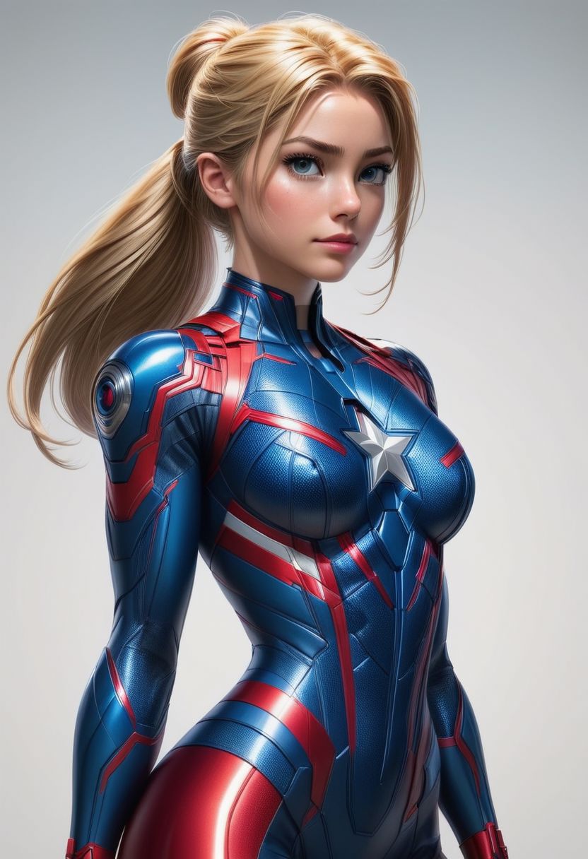 Rapunzel, Captain America, powered futuristic outfit, red and blue suit, ponytail, swept bangs, style of stanley artgerm, artgerm style, white background, simple background