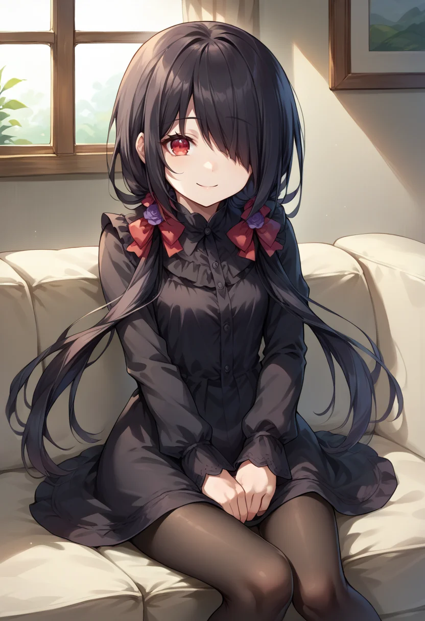score_9, score_8_up, source_anime, 1girl, solo, KurumiBlack, hair over one eye, black hair, low twintails, red eye, hair bow, black dress, long sleeves, black pantyhose, indoors, on couch, smile, sitting, <lora:ChamTokisakiKurumiPonyXL-000008:1>