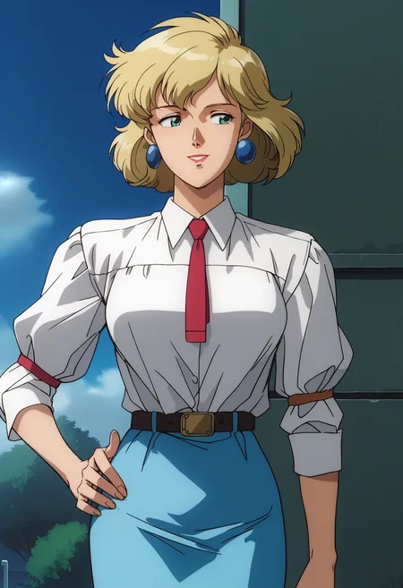 score_9, score_8_up, score_7_up, score_6_up, anime screencap, anime coloring, <lora:G0083NP:0.9>, G0083NP, blonde hair, short hair, lipstick, green eyes,
earrings, red square-end tie, white shirt, belt, pencil skirt, blue skirt, high heels, white footwear,
standing, hand on own hip, upper body, cowboy shot, smile, 
BREAK outdoors, blue sky, sunlight,