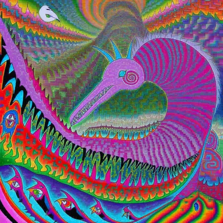 In a surreal, mind-bending landscape, the colossal Wossum Matriarch's form shifts and distorts, her long beak and sharp teeth morphing into impossible shapes. Her offspring navigate the bizarre terrain, their own beaks and teeth equally fluid and ever-changing. Trippy and disorienting, psychedelic art style, bold colors and patterns <lora:240527_WOSSUM:0.9>