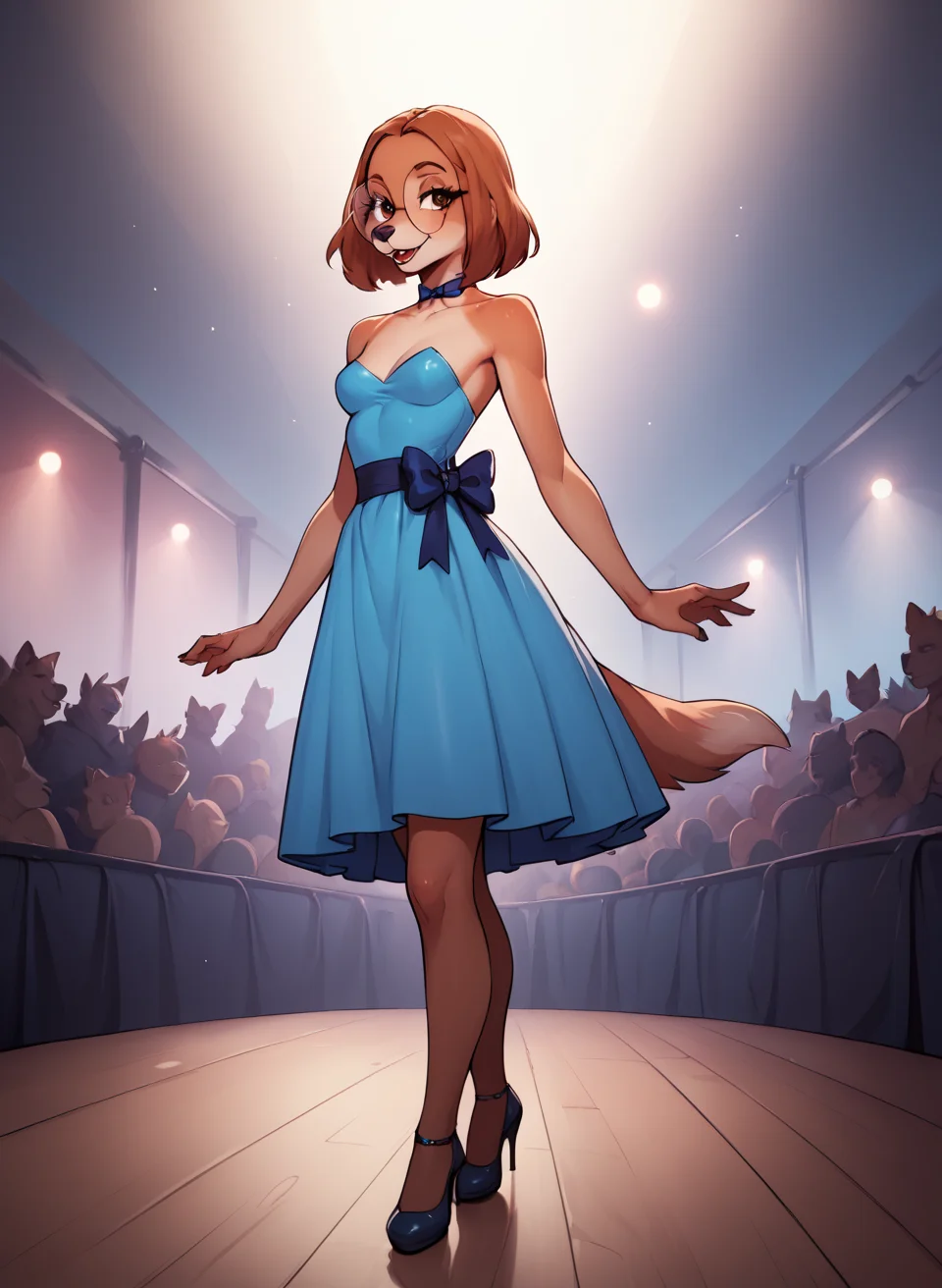 score_9, score_8_up, score_7_up, score_6_up, score_5_up, score_4_up, <lora:SukiLanePXL:1> SukiLanePXL, anthro, brown eyes, round glasses, small breast, evening dress, full body, on stage, thanking the crowd, bow to crowd, reverence, bow down, stage